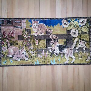 Vintage Tapestry Wall Hanging w/ Playful Scene of Puppies Kittens & Flowers